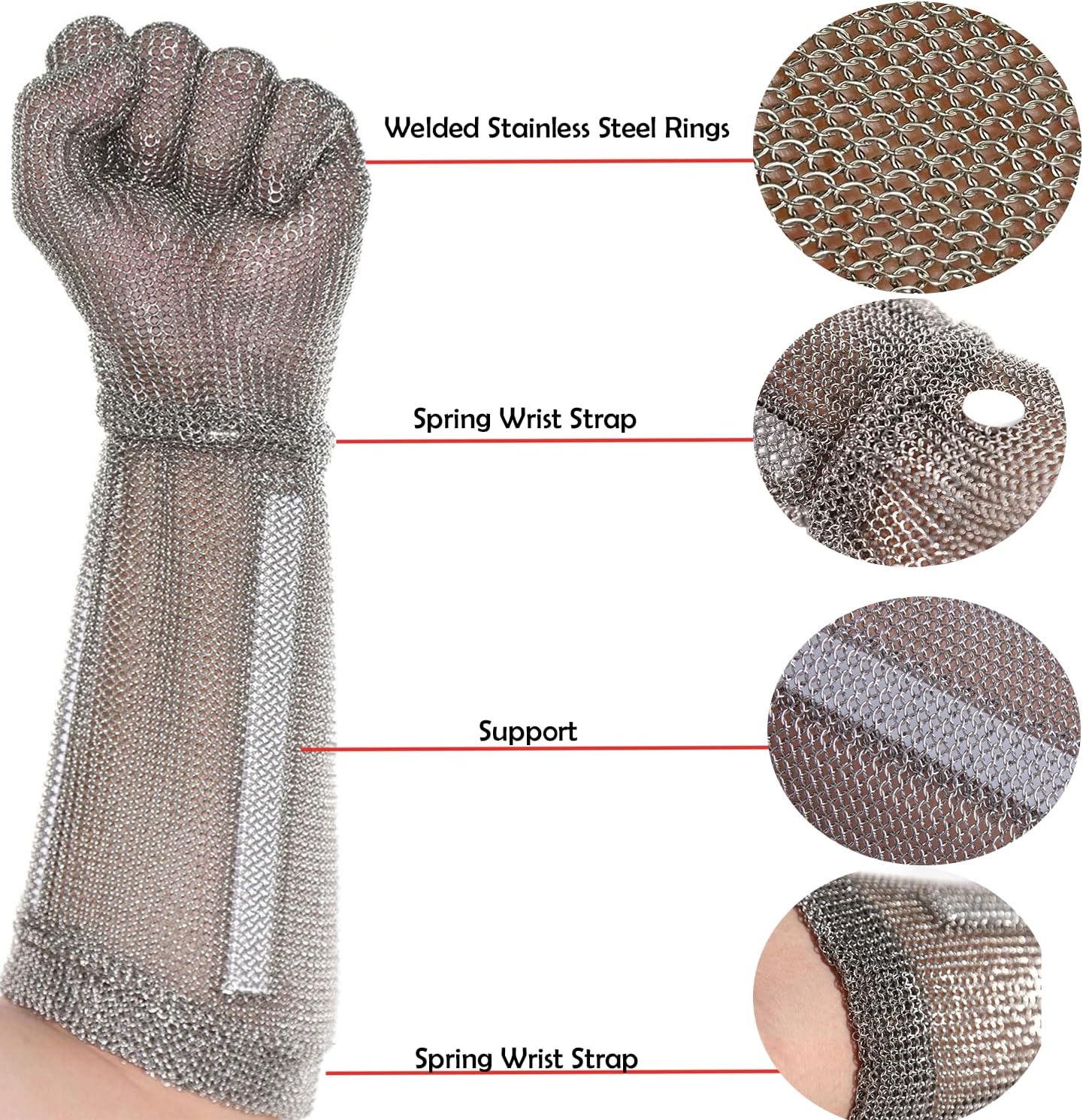 Five Finger 15CM Long Cut Resistant Stainless Steel Metal Mesh Chainmail Glove Butcher Glove With Spring Strap