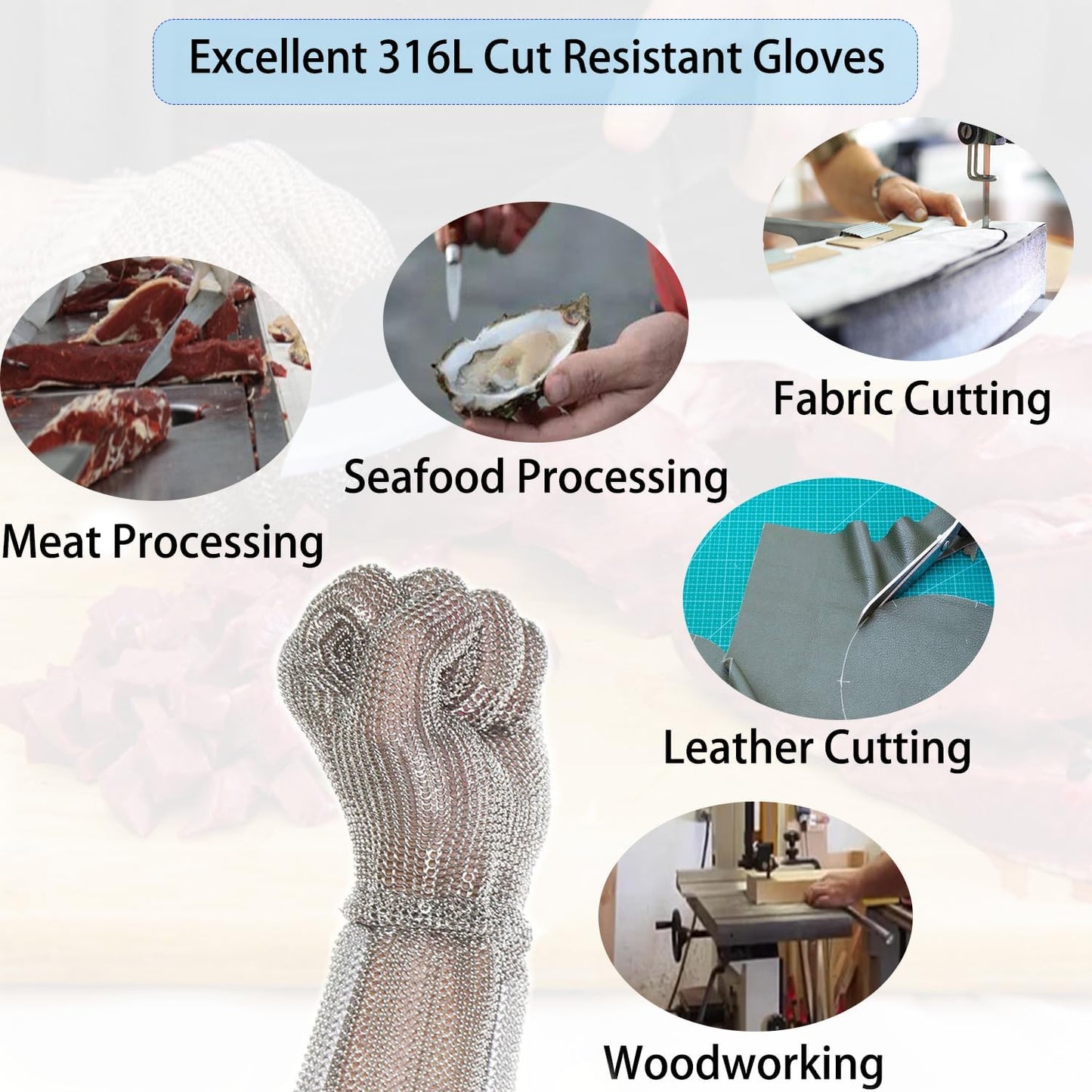 Five Finger 15CM Long Cut Resistant Stainless Steel Metal Mesh Chainmail Glove Butcher Glove With Spring Strap