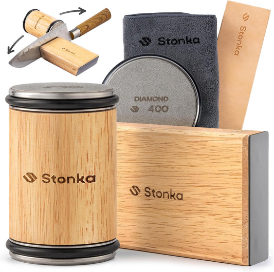 Oak Rolling Knife Sharpener Kit – Natural Wood, Diamond Wheels, Magnetic Angle Guide 15° & 20°, Leather Strop – Giftable Packaging