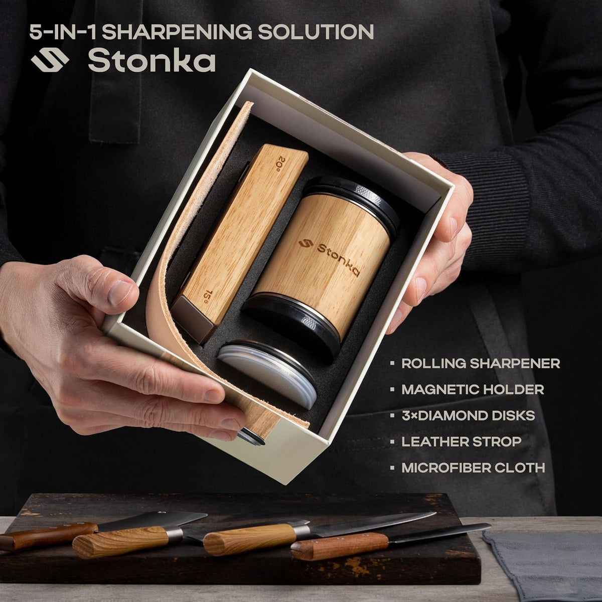 Oak Rolling Knife Sharpener Kit – Natural Wood, Diamond Wheels, Magnetic Angle Guide 15° & 20°, Leather Strop – Giftable Packaging