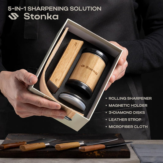 Oak Rolling Knife Sharpener Kit – Natural Wood, Diamond Wheels, Magnetic Angle Guide 15° & 20°, Leather Strop – Giftable Packaging