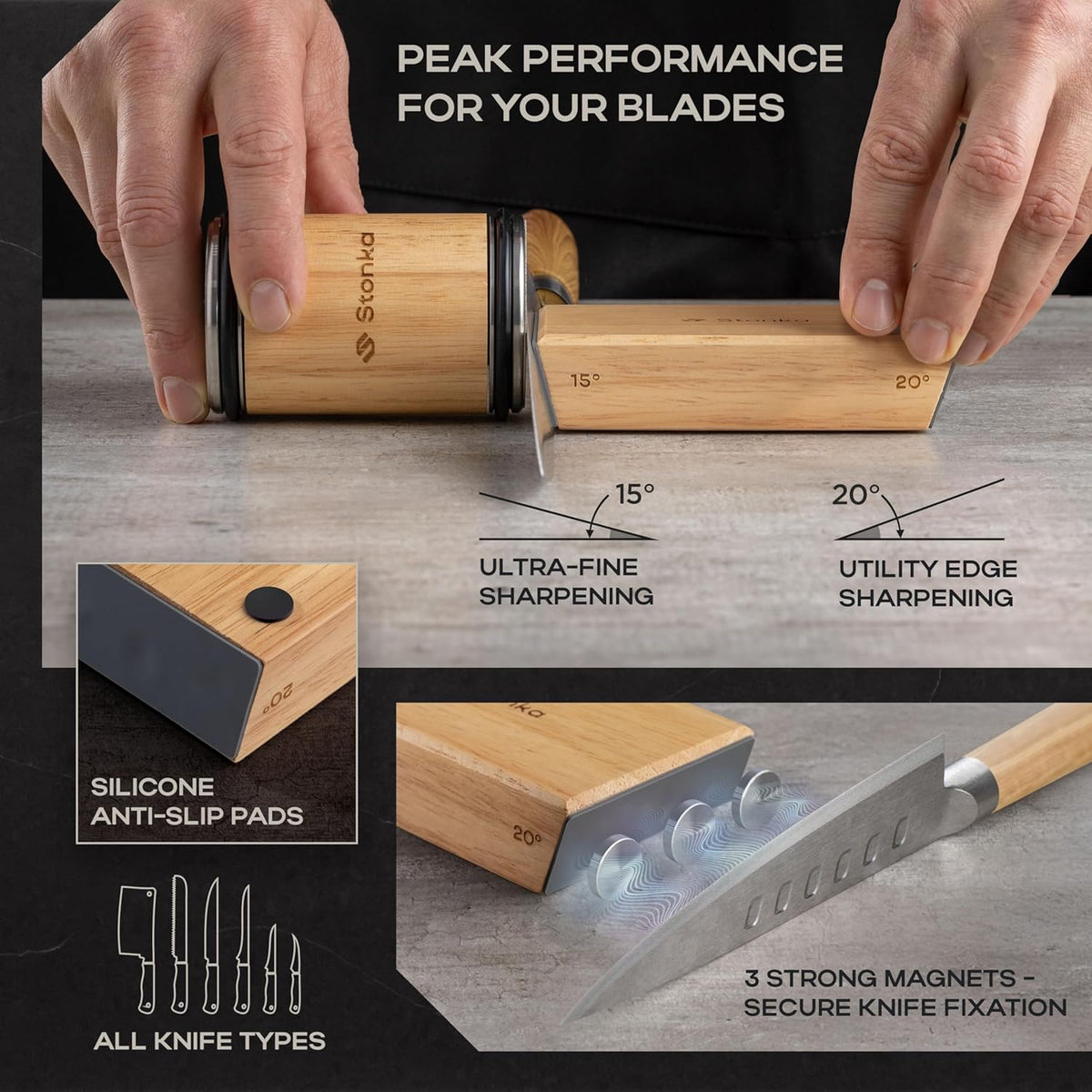 Oak Rolling Knife Sharpener Kit – Natural Wood, Diamond Wheels, Magnetic Angle Guide 15° & 20°, Leather Strop – Giftable Packaging