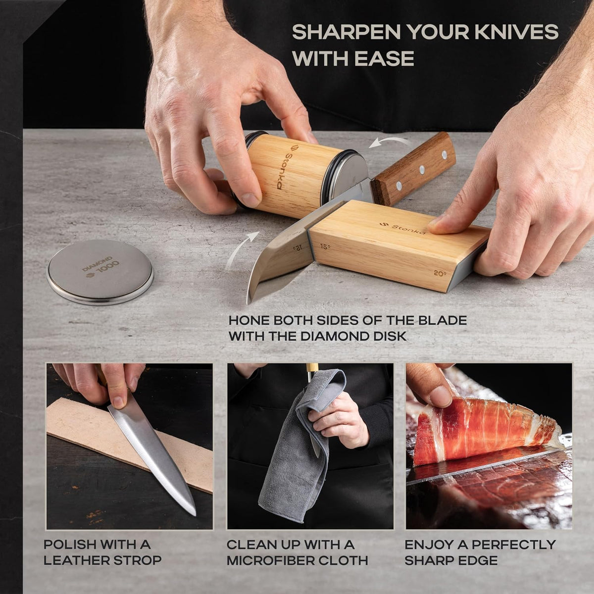 Oak Rolling Knife Sharpener Kit – Natural Wood, Diamond Wheels, Magnetic Angle Guide 15° & 20°, Leather Strop – Giftable Packaging