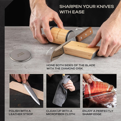 Oak Rolling Knife Sharpener Kit – Natural Wood, Diamond Wheels, Magnetic Angle Guide 15° & 20°, Leather Strop – Giftable Packaging