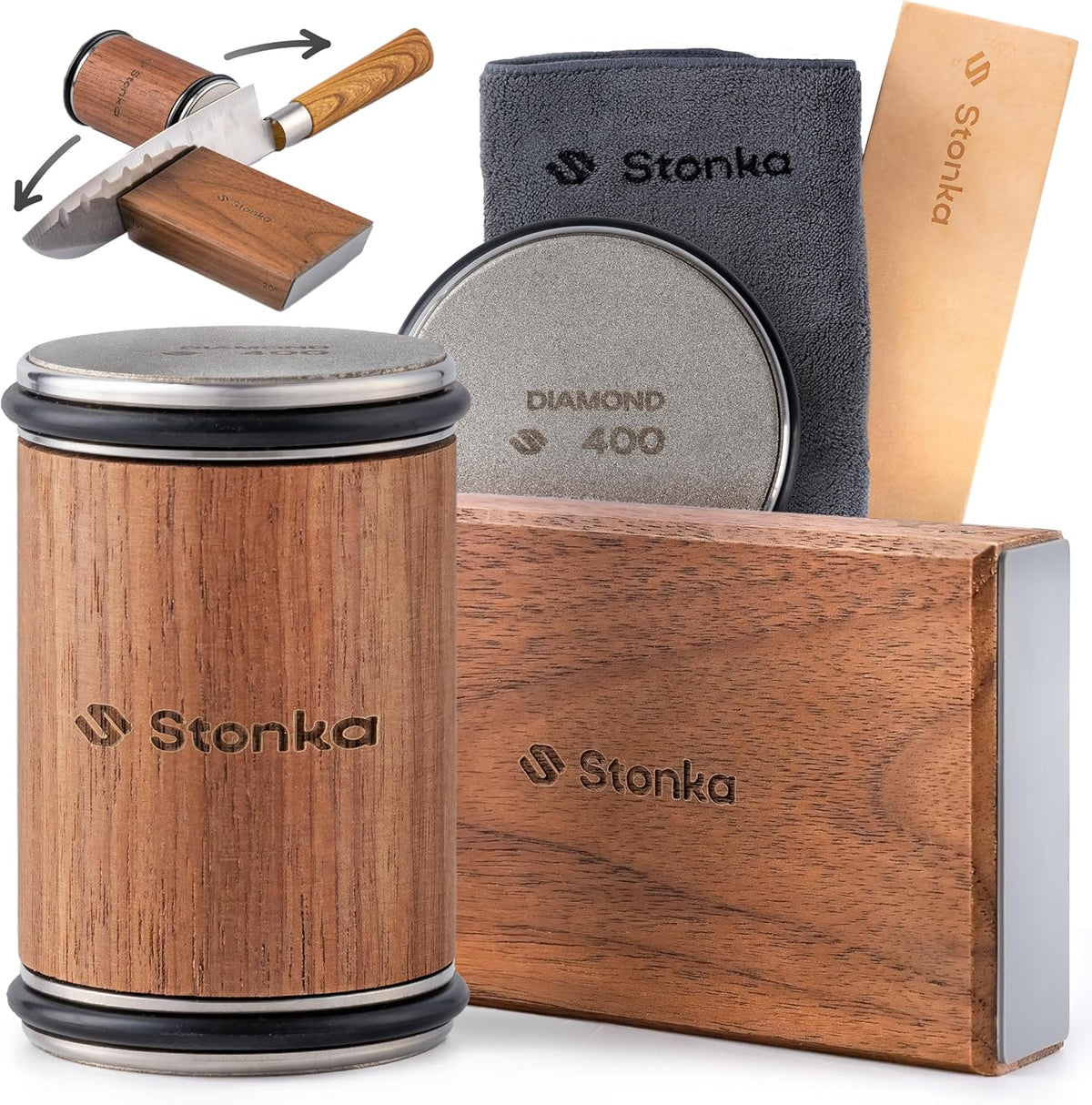 Oak Rolling Knife Sharpener Kit – Natural Wood, Diamond Wheels, Magnetic Angle Guide 15° & 20°, Leather Strop – Giftable Packaging
