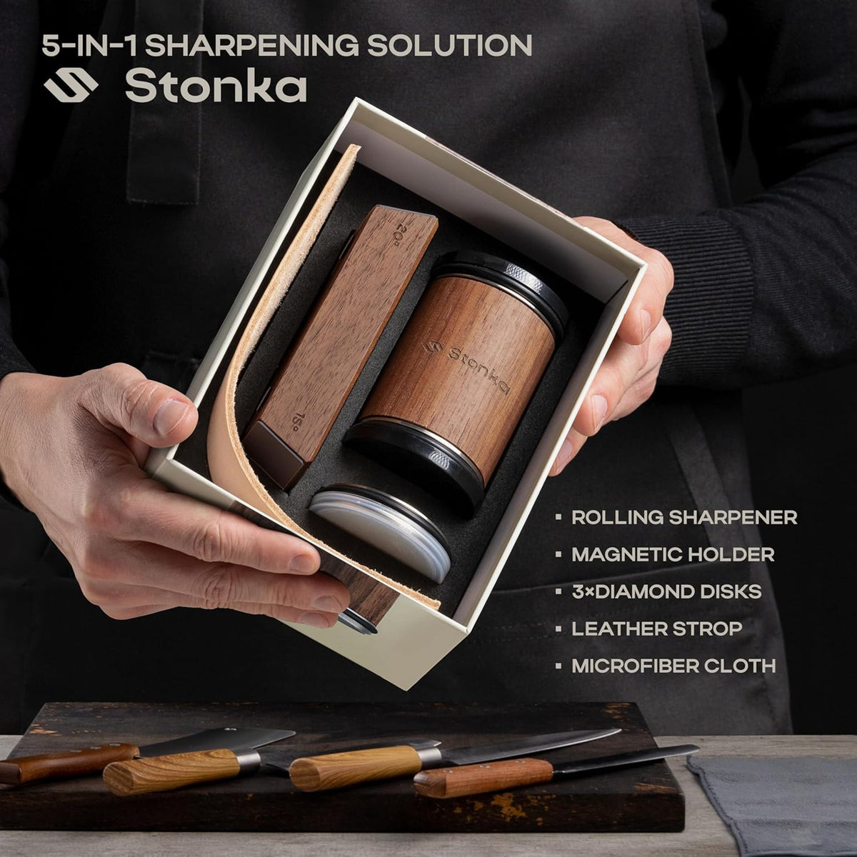Oak Rolling Knife Sharpener Kit – Natural Wood, Diamond Wheels, Magnetic Angle Guide 15° & 20°, Leather Strop – Giftable Packaging