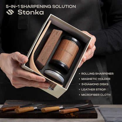 Oak Rolling Knife Sharpener Kit – Natural Wood, Diamond Wheels, Magnetic Angle Guide 15° & 20°, Leather Strop – Giftable Packaging