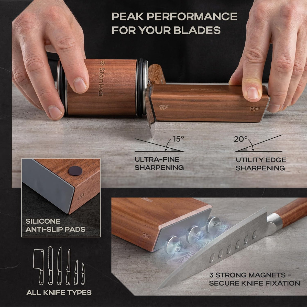 Oak Rolling Knife Sharpener Kit – Natural Wood, Diamond Wheels, Magnetic Angle Guide 15° & 20°, Leather Strop – Giftable Packaging