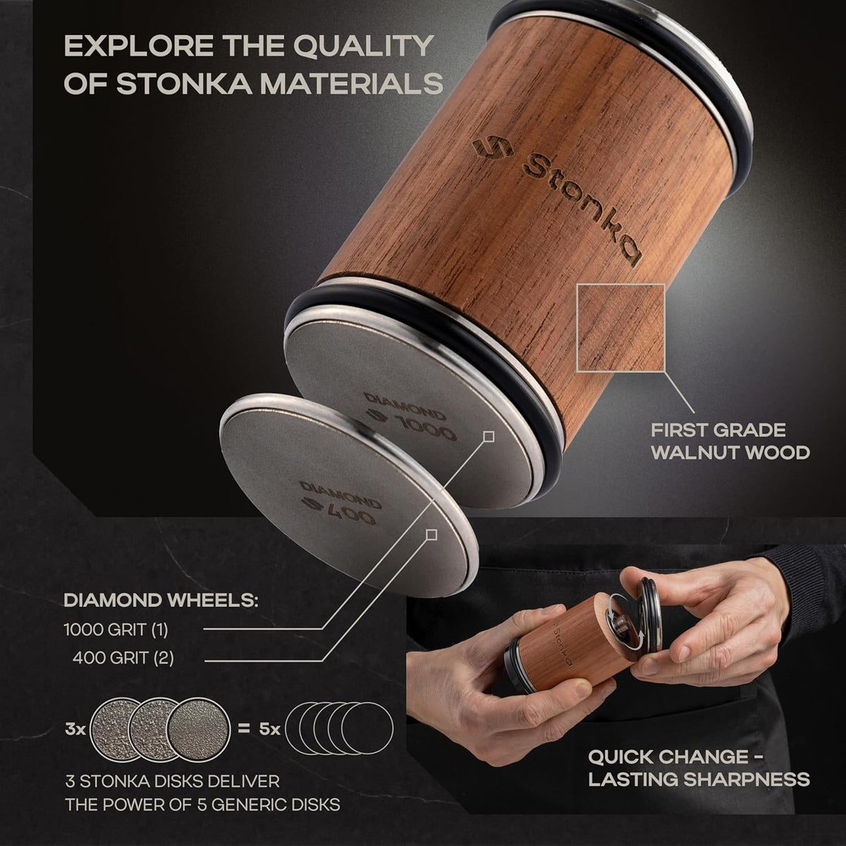 Oak Rolling Knife Sharpener Kit – Natural Wood, Diamond Wheels, Magnetic Angle Guide 15° & 20°, Leather Strop – Giftable Packaging