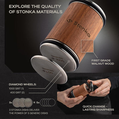 Oak Rolling Knife Sharpener Kit – Natural Wood, Diamond Wheels, Magnetic Angle Guide 15° & 20°, Leather Strop – Giftable Packaging