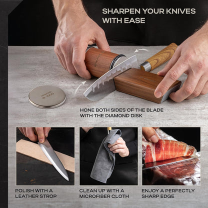 Oak Rolling Knife Sharpener Kit – Natural Wood, Diamond Wheels, Magnetic Angle Guide 15° & 20°, Leather Strop – Giftable Packaging
