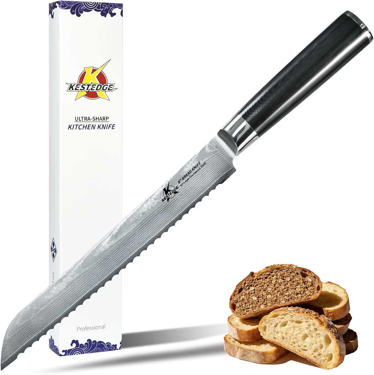 Serrated Bread Knife 8 Inch VG10 Damascus for Homemade Sourdough | VG10 Damascus Serrated Bread Knife 67 Layer Micro Serrated Edge G10 Handle for Sourdough Homemade Bread Artisan Baking