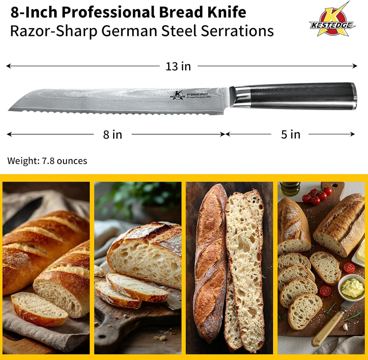 Serrated Bread Knife 8 Inch VG10 Damascus for Homemade Sourdough | VG10 Damascus Serrated Bread Knife 67 Layer Micro Serrated Edge G10 Handle for Sourdough Homemade Bread Artisan Baking