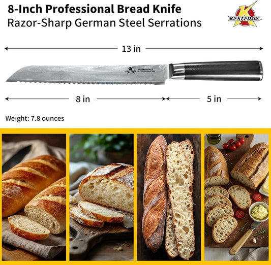 Serrated Bread Knife 8 Inch VG10 Damascus for Homemade Sourdough | VG10 Damascus Serrated Bread Knife 67 Layer Micro Serrated Edge G10 Handle for Sourdough Homemade Bread Artisan Baking