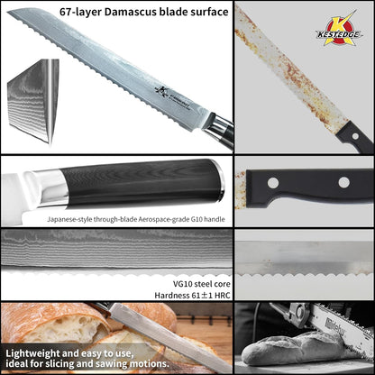 Serrated Bread Knife 8 Inch VG10 Damascus for Homemade Sourdough | VG10 Damascus Serrated Bread Knife 67 Layer Micro Serrated Edge G10 Handle for Sourdough Homemade Bread Artisan Baking