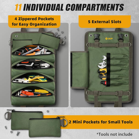 Tool Bag Roll Up, Heavy Duty Portable Soft Tool Storage, Foldable Empty Rollup Organizer with Small Pockets, Official Rollable Toolbag, Father Day Gifts for Him Dad Men Mechanic Welding, Green
