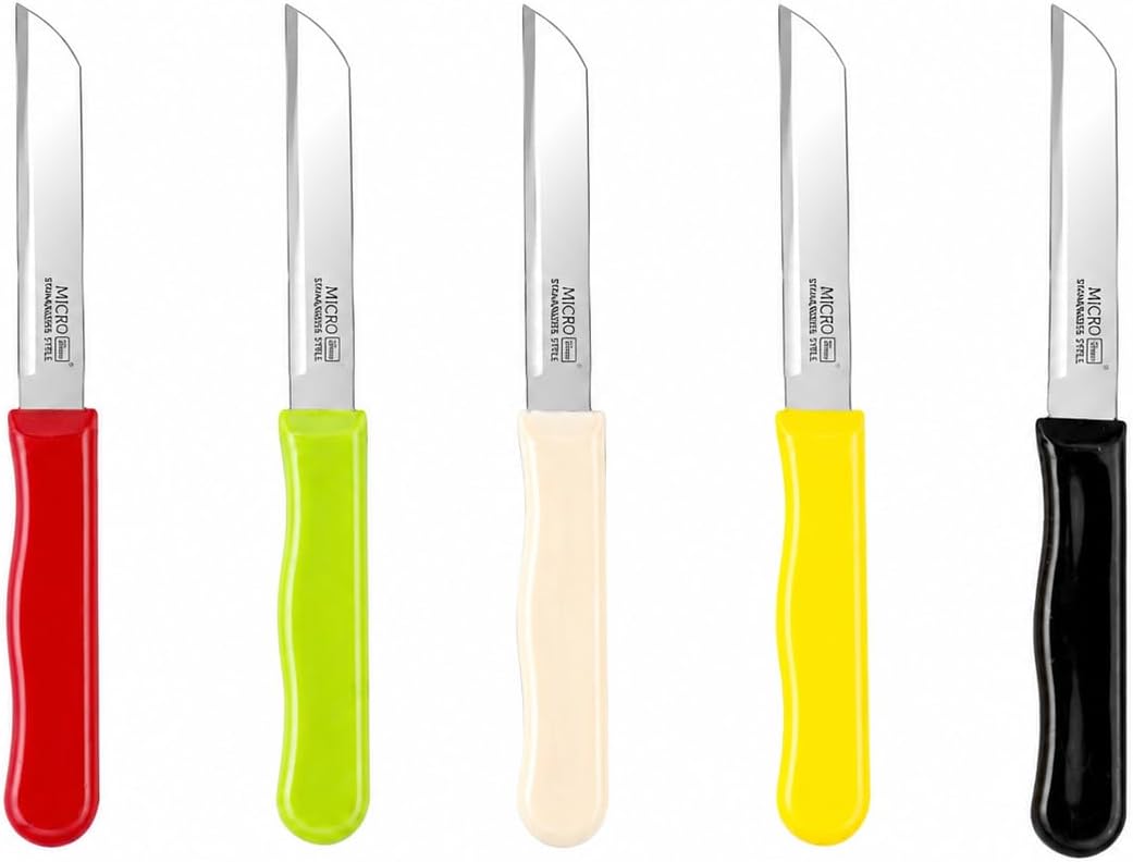 Micro Plus High Carbon Plain Stainless Steel Kitchen Knife Set, Multicolor Plastic Handles, 10 Pack, 420 Grade Blade (Plain)