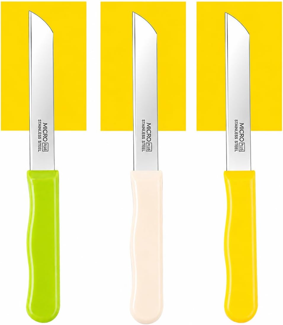 Micro Plus High Carbon Plain Stainless Steel Kitchen Knife Set, Multicolor Plastic Handles, 10 Pack, 420 Grade Blade (Plain)