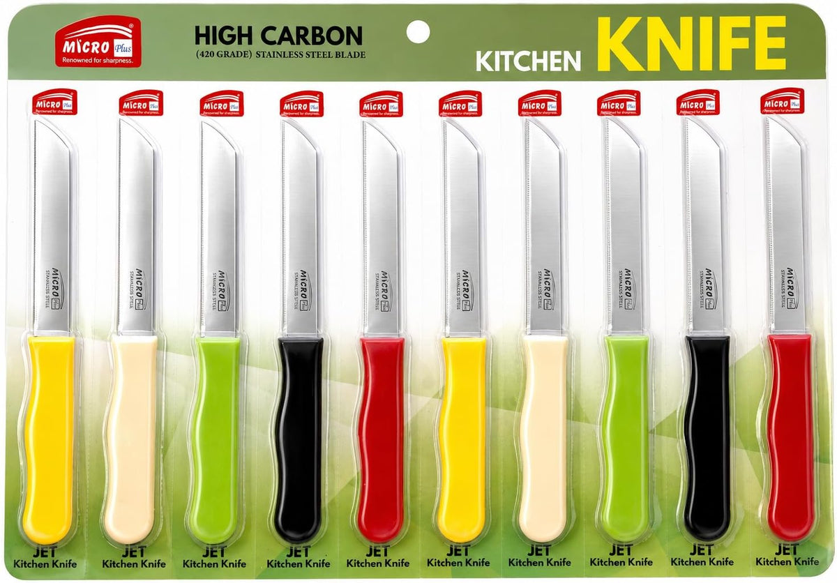 Micro Plus High Carbon Plain Stainless Steel Kitchen Knife Set, Multicolor Plastic Handles, 10 Pack, 420 Grade Blade (Plain)