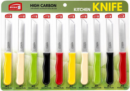 Micro Plus High Carbon Plain Stainless Steel Kitchen Knife Set, Multicolor Plastic Handles, 10 Pack, 420 Grade Blade (Plain)
