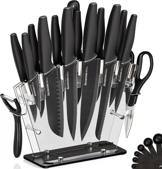 Knife Set with Clear Block and Sharpener 22Pcs Black | Dishwasher Safe, Space-Saving Clear Knife Block, for Everyday Home Cooking