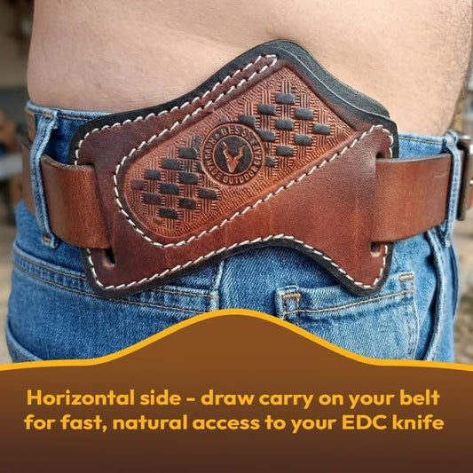 Leather Knife Sheath for Belt - Folding Pocket Knife Holder for Buck 110, Side Draw Holster, EDC Compact Cowboy Knife Carrier, Handmade Italian Cowhide SM156