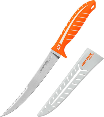 Dextreme Dual Edge 8" Flexible Fillet Knife, Sheath | Flexible dual edge high-carbon stainless blade glides along bones. Protective sheath included for boat and kitchen use.