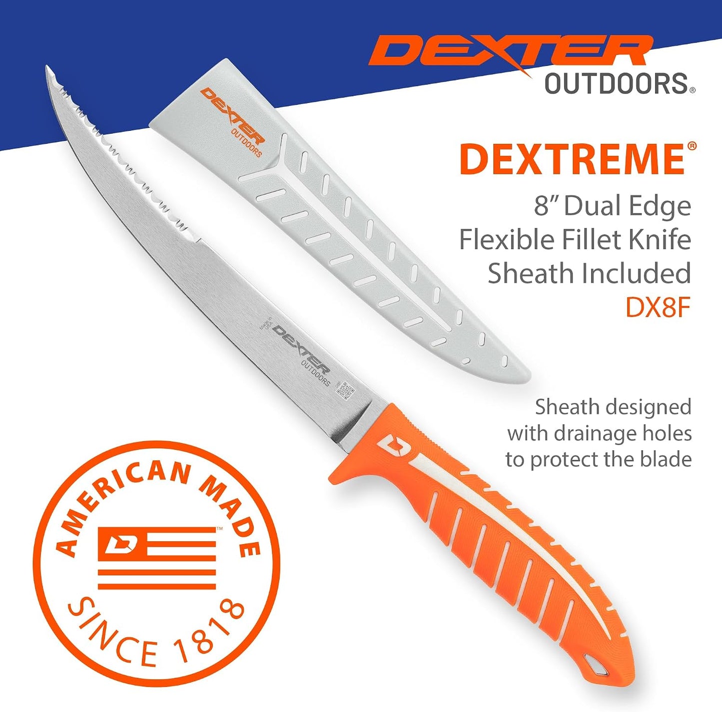 Dextreme Dual Edge 8" Flexible Fillet Knife, Sheath | Flexible dual edge high-carbon stainless blade glides along bones. Protective sheath included for boat and kitchen use.