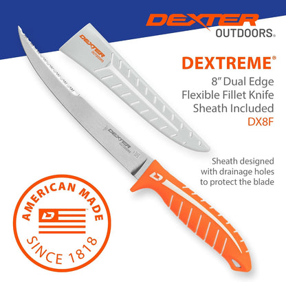 Dextreme Dual Edge 8" Flexible Fillet Knife, Sheath | Flexible dual edge high-carbon stainless blade glides along bones. Protective sheath included for boat and kitchen use.