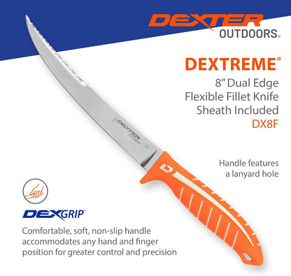 Dextreme Dual Edge 8" Flexible Fillet Knife, Sheath | Flexible dual edge high-carbon stainless blade glides along bones. Protective sheath included for boat and kitchen use.