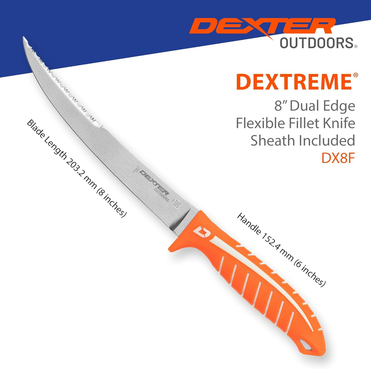 Dextreme Dual Edge 8" Flexible Fillet Knife, Sheath | Flexible dual edge high-carbon stainless blade glides along bones. Protective sheath included for boat and kitchen use.
