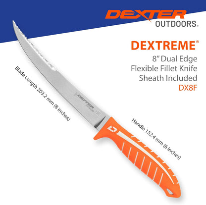 Dextreme Dual Edge 8" Flexible Fillet Knife, Sheath | Flexible dual edge high-carbon stainless blade glides along bones. Protective sheath included for boat and kitchen use.