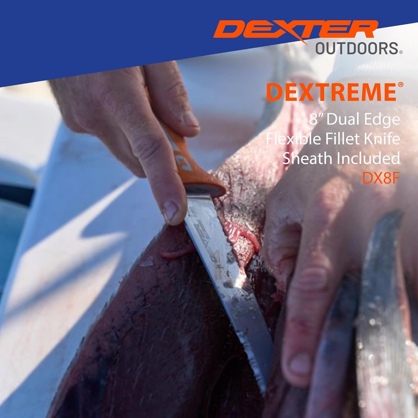 Dextreme Dual Edge 8" Flexible Fillet Knife, Sheath | Flexible dual edge high-carbon stainless blade glides along bones. Protective sheath included for boat and kitchen use.