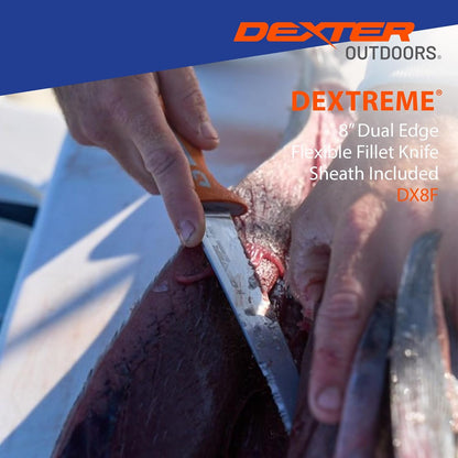 Dextreme Dual Edge 8" Flexible Fillet Knife, Sheath | Flexible dual edge high-carbon stainless blade glides along bones. Protective sheath included for boat and kitchen use.