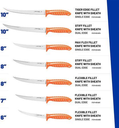 Dextreme Dual Edge 8" Flexible Fillet Knife, Sheath | Flexible dual edge high-carbon stainless blade glides along bones. Protective sheath included for boat and kitchen use.
