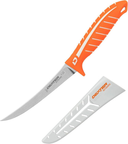 Dextreme Dual Edge 8" Flexible Fillet Knife, Sheath | Flexible dual edge high-carbon stainless blade glides along bones. Protective sheath included for boat and kitchen use.