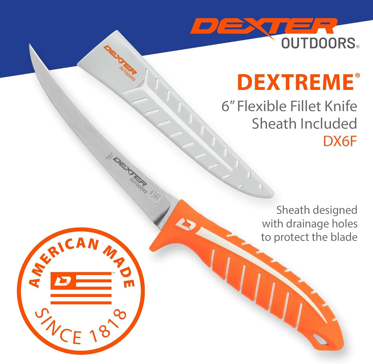 Dextreme Dual Edge 8" Flexible Fillet Knife, Sheath | Flexible dual edge high-carbon stainless blade glides along bones. Protective sheath included for boat and kitchen use.