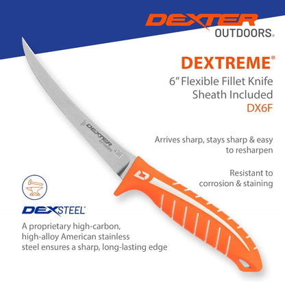 Dextreme Dual Edge 8" Flexible Fillet Knife, Sheath | Flexible dual edge high-carbon stainless blade glides along bones. Protective sheath included for boat and kitchen use.