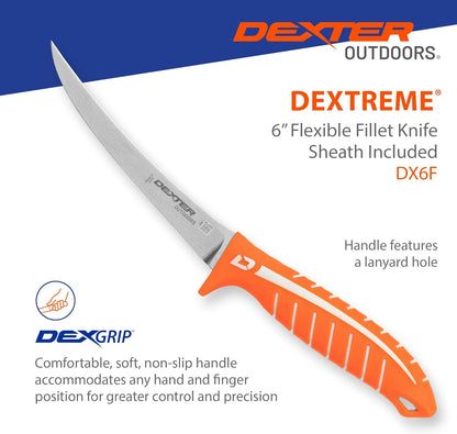 Dextreme Dual Edge 8" Flexible Fillet Knife, Sheath | Flexible dual edge high-carbon stainless blade glides along bones. Protective sheath included for boat and kitchen use.