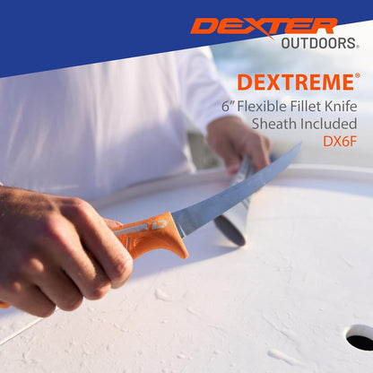 Dextreme Dual Edge 8" Flexible Fillet Knife, Sheath | Flexible dual edge high-carbon stainless blade glides along bones. Protective sheath included for boat and kitchen use.
