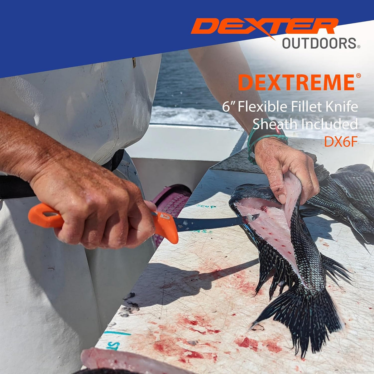 Dextreme Dual Edge 8" Flexible Fillet Knife, Sheath | Flexible dual edge high-carbon stainless blade glides along bones. Protective sheath included for boat and kitchen use.