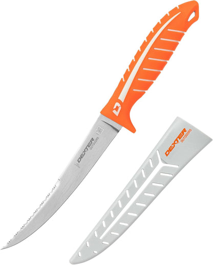 Dextreme Dual Edge 8" Flexible Fillet Knife, Sheath | Flexible dual edge high-carbon stainless blade glides along bones. Protective sheath included for boat and kitchen use.