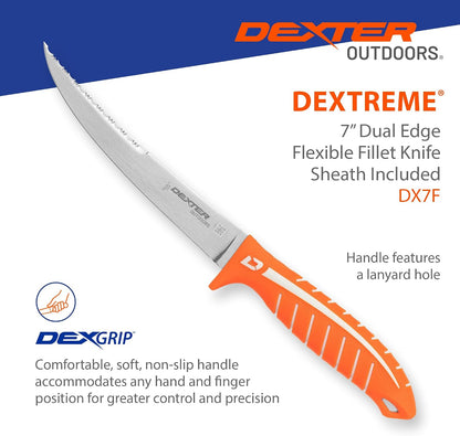 Dextreme Dual Edge 8" Flexible Fillet Knife, Sheath | Flexible dual edge high-carbon stainless blade glides along bones. Protective sheath included for boat and kitchen use.