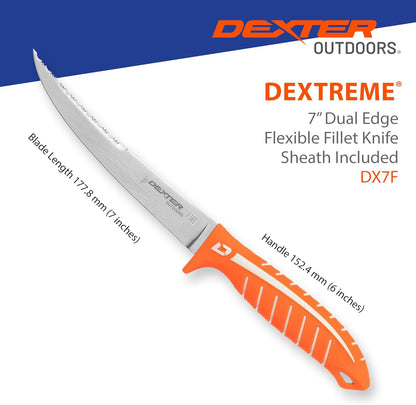 Dextreme Dual Edge 8" Flexible Fillet Knife, Sheath | Flexible dual edge high-carbon stainless blade glides along bones. Protective sheath included for boat and kitchen use.