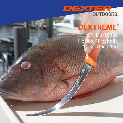 Dextreme Dual Edge 8" Flexible Fillet Knife, Sheath | Flexible dual edge high-carbon stainless blade glides along bones. Protective sheath included for boat and kitchen use.