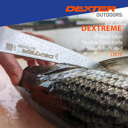 Dextreme Dual Edge 8" Flexible Fillet Knife, Sheath | Flexible dual edge high-carbon stainless blade glides along bones. Protective sheath included for boat and kitchen use.