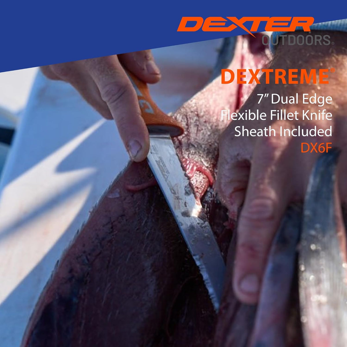 Dextreme Dual Edge 8" Flexible Fillet Knife, Sheath | Flexible dual edge high-carbon stainless blade glides along bones. Protective sheath included for boat and kitchen use.
