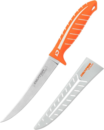 Dextreme Dual Edge 8" Flexible Fillet Knife, Sheath | Flexible dual edge high-carbon stainless blade glides along bones. Protective sheath included for boat and kitchen use.