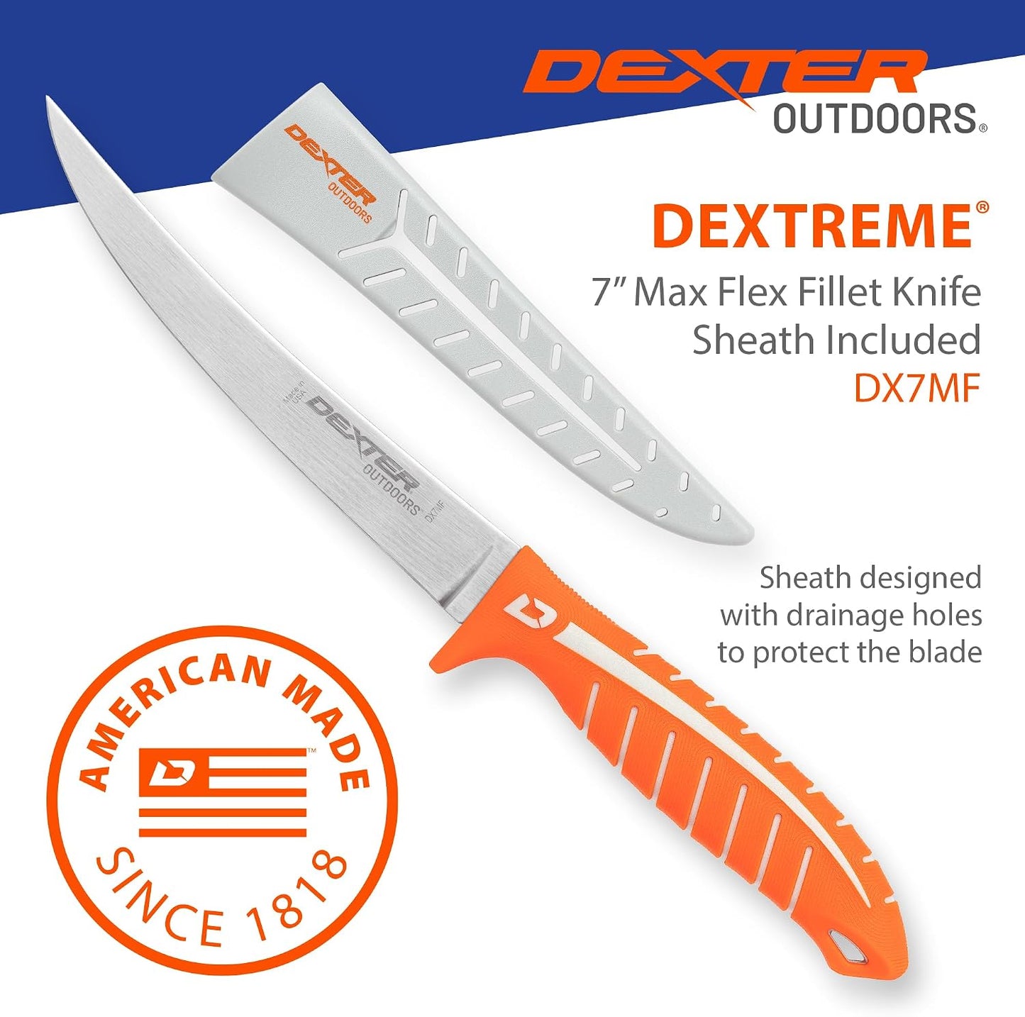 Dextreme Dual Edge 8" Flexible Fillet Knife, Sheath | Flexible dual edge high-carbon stainless blade glides along bones. Protective sheath included for boat and kitchen use.
