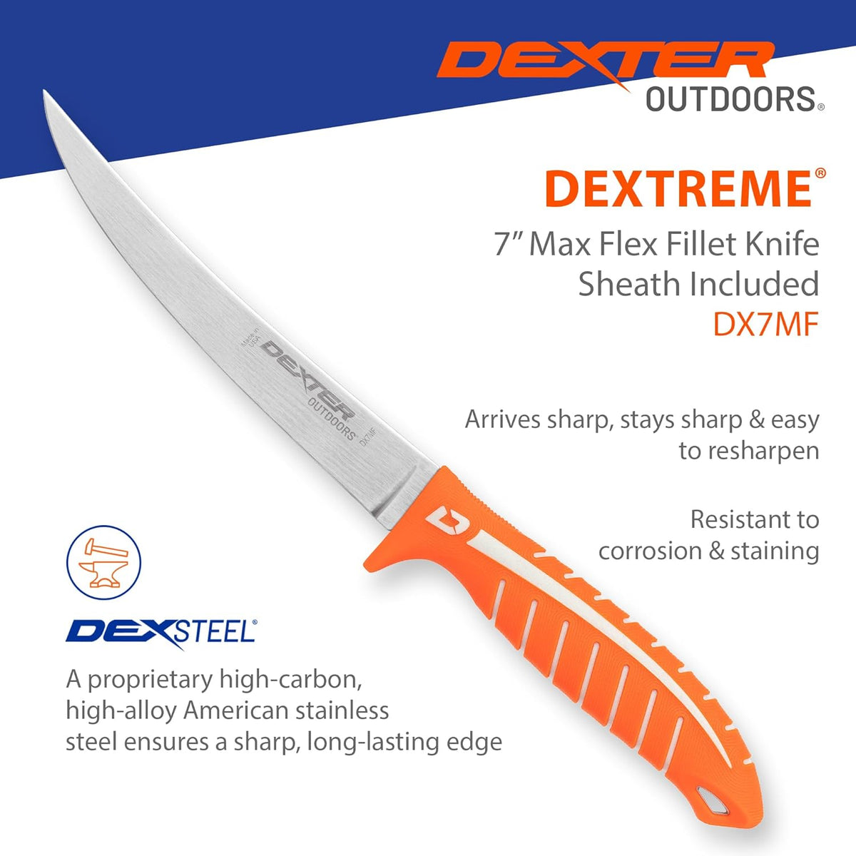 Dextreme Dual Edge 8" Flexible Fillet Knife, Sheath | Flexible dual edge high-carbon stainless blade glides along bones. Protective sheath included for boat and kitchen use.